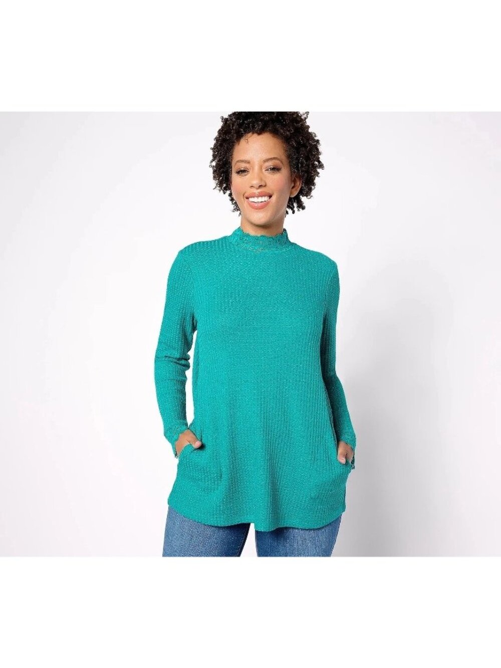 LOGO by Lori Goldstein Top Medium Metallic Waffle Knit Mock Neck Lace Cozy NEW